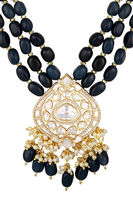 Buy HRISHA Blue Zari, Pearls Designer Moissanite Kundan Necklace Set Online at Aza Fashions Buy_HRISHA_Blue Zari, Pearls Designer Moissanite Kundan Necklace Set _Online_at_Aza_Fashions