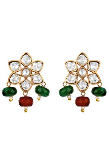 HRISHA_Green Crystals, Diamonds Floral Drop Moissanite Polki Necklace Set_Online_at_Aza_Fashions