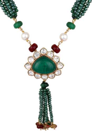Buy_HRISHA_Green Crystals, Diamonds Floral Drop Moissanite Polki Necklace Set_Online_at_Aza_Fashions