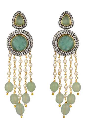 HRISHA Green Zari Floral Drop Motif Necklace Set Online at Aza Fashions HRISHA_Green Zari Floral Drop Motif Necklace Set _Online_at_Aza_Fashions