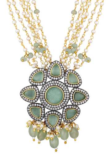 Buy HRISHA Green Zari Floral Drop Motif Necklace Set Online at Aza Fashions Buy_HRISHA_Green Zari Floral Drop Motif Necklace Set _Online_at_Aza_Fashions
