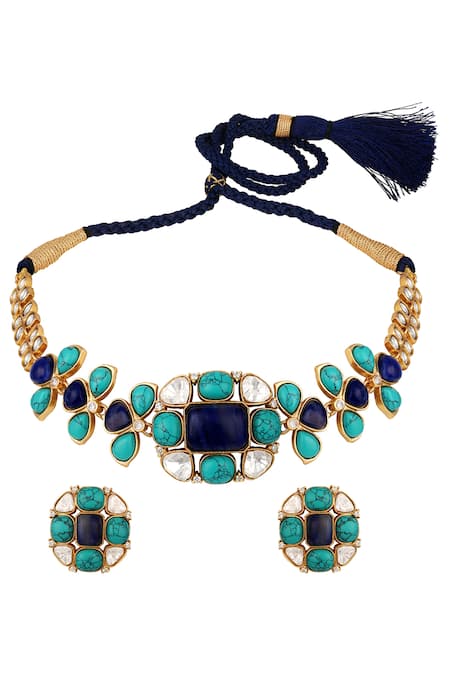 Shop_HRISHA_Blue Diamonds, Stones Natural Phiroza Floral Choker Set _at_Aza_Fashions