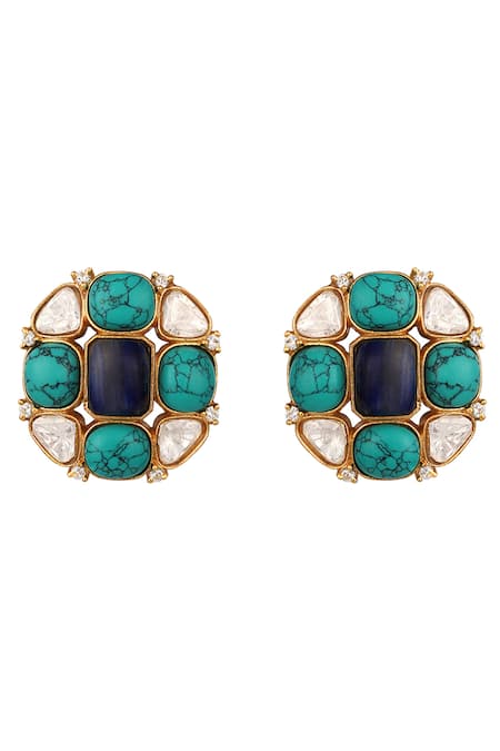 HRISHA_Blue Diamonds, Stones Natural Phiroza Floral Choker Set _Online_at_Aza_Fashions