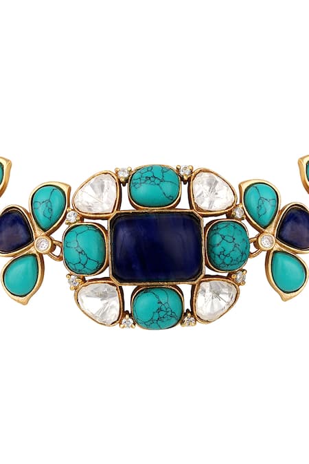 Buy_HRISHA_Blue Diamonds, Stones Natural Phiroza Floral Choker Set _Online_at_Aza_Fashions