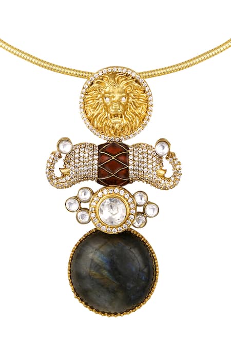 Buy_HRISHA_Multi Color Diamonds, Stones Kundan Polki Lion Motif Necklace Set_Online_at_Aza_Fashions