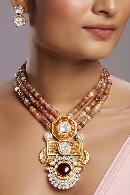 Hrisha Jewels Floral Moissanite Kundan Stone Necklace Set 