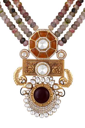 Buy_HRISHA_Multi Color Zari, Diamonds Floral Moissanite Kundan Necklace Set_Online_at_Aza_Fashions