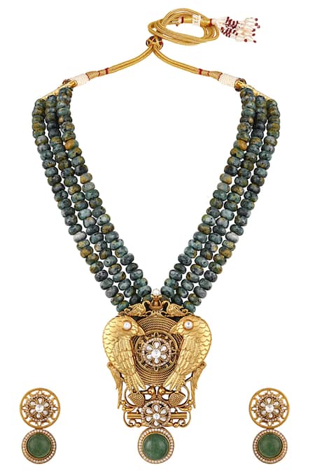Shop HRISHA Green Zari Designer Moissanite Kundan Necklace Set at Aza Fashions Shop_HRISHA_Green Zari Designer Moissanite Kundan Necklace Set_at_Aza_Fashions