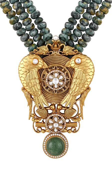 Buy HRISHA Green Zari Designer Moissanite Kundan Necklace Set Online at Aza Fashions Buy_HRISHA_Green Zari Designer Moissanite Kundan Necklace Set_Online_at_Aza_Fashions