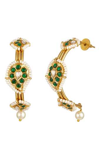 HRISHA_Green Metallic Thread, Pearls, Mirrors, Moissanite Kundan Polki Bloom Hoops _Online_at_Aza_Fashions