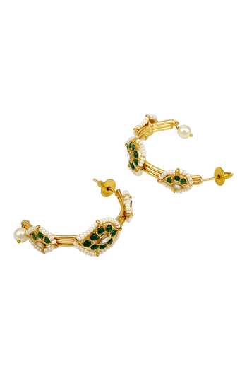 Buy_HRISHA_Green Metallic Thread, Pearls, Mirrors, Moissanite Kundan Polki Bloom Hoops _Online_at_Aza_Fashions
