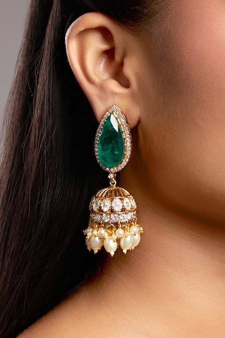 Hrisha Jewels Teardrop Synthetic Emerald Doublet Embellished Jhumkas 