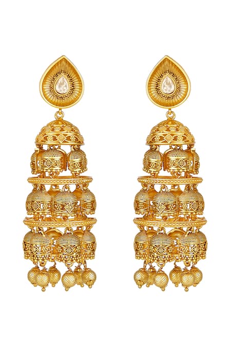 Shop HRISHA Gold Plated Moissanite Kundan Polki Jhumkas at Aza Fashions Shop_HRISHA_Gold Plated Moissanite Kundan Polki Jhumkas _at_Aza_Fashions