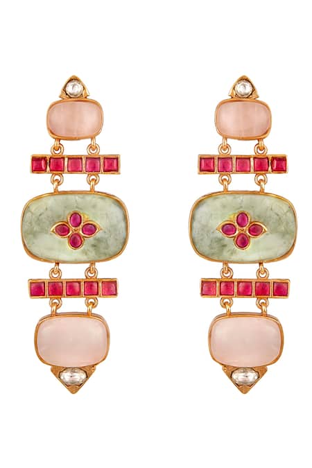 Shop HRISHA Green Metallic Thread, Crystals Bahar Mahal Dangler Earrings at Aza Fashions Shop_HRISHA_Green Metallic Thread, Crystals Bahar Mahal Dangler Earrings _at_Aza_Fashions