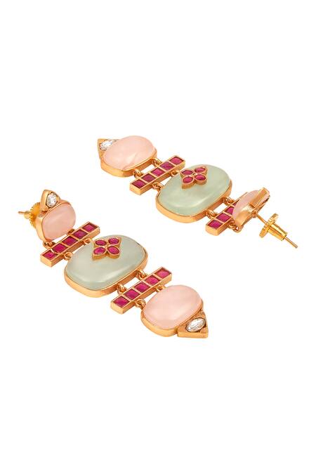 HRISHA Green Metallic Thread, Crystals Bahar Mahal Dangler Earrings Online at Aza Fashions HRISHA_Green Metallic Thread, Crystals Bahar Mahal Dangler Earrings _Online_at_Aza_Fashions