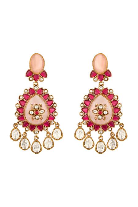Shop HRISHA Pink Smocking Gul Moissanite Kundan Polki Dangler Earrings at Aza Fashions Shop_HRISHA_Pink Smocking Gul Moissanite Kundan Polki Dangler Earrings_at_Aza_Fashions
