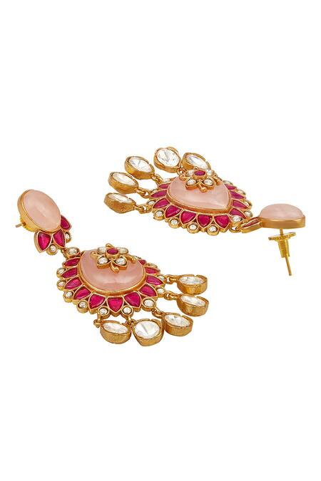 HRISHA Pink Smocking Gul Moissanite Kundan Polki Dangler Earrings Online at Aza Fashions HRISHA_Pink Smocking Gul Moissanite Kundan Polki Dangler Earrings_Online_at_Aza_Fashions