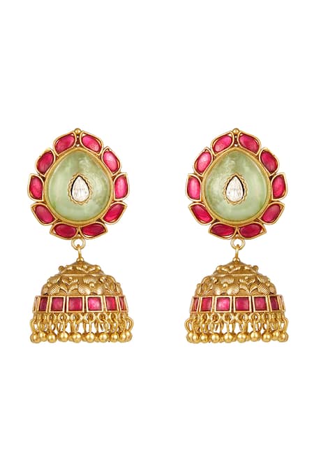 Shop HRISHA Green Stones, Metallic Thread Moissanite Kundan Polki Jhumka Earrings at Aza Fashions Shop_HRISHA_Green Stones, Metallic Thread Moissanite Kundan Polki Jhumka Earrings _at_Aza_Fashions