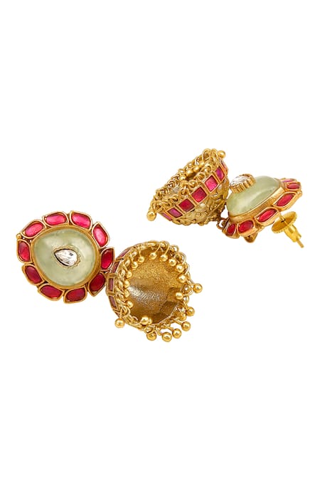 HRISHA Green Stones, Metallic Thread Moissanite Kundan Polki Jhumka Earrings Online at Aza Fashions HRISHA_Green Stones, Metallic Thread Moissanite Kundan Polki Jhumka Earrings _Online_at_Aza_Fashions