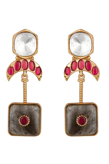 Shop HRISHA Green Zari, Stones Crescent Moissanite Kundan Polki Earrings at Aza Fashions Shop_HRISHA_Green Zari, Stones Crescent Moissanite Kundan Polki Earrings _at_Aza_Fashions