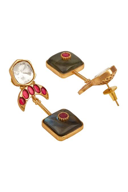 HRISHA Green Zari, Stones Crescent Moissanite Kundan Polki Earrings Online at Aza Fashions HRISHA_Green Zari, Stones Crescent Moissanite Kundan Polki Earrings _Online_at_Aza_Fashions