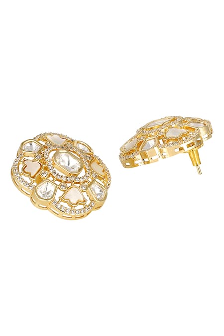 HRISHA_Cream Zari Florin Moissanite Kundan Polki Stud Earrings _Online_at_Aza_Fashions