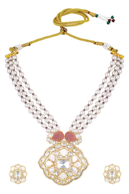 Shop HRISHA Cream Zari, Crystals, Pearls Florin Moissanite Kundan Polki Necklace Set at Aza Fashions Shop_HRISHA_Cream Zari, Crystals, Pearls Florin Moissanite Kundan Polki Necklace Set _at_Aza_Fashions