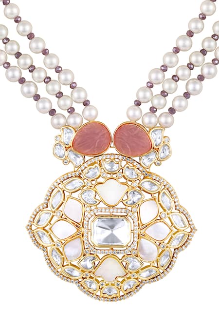 Buy HRISHA Cream Zari, Crystals, Pearls Florin Moissanite Kundan Polki Necklace Set Online at Aza Fashions Buy_HRISHA_Cream Zari, Crystals, Pearls Florin Moissanite Kundan Polki Necklace Set _Online_at_Aza_Fashions