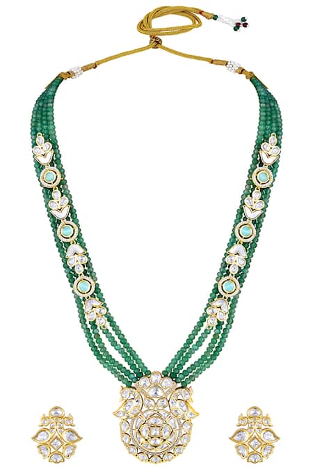 Shop HRISHA Green Zari, Crystals Mor Bagh Moissanite Kundan Polki Necklace Set at Aza Fashions Shop_HRISHA_Green Zari, Crystals Mor Bagh Moissanite Kundan Polki Necklace Set _at_Aza_Fashions