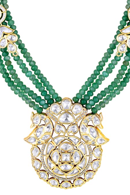 Buy HRISHA Green Zari, Crystals Mor Bagh Moissanite Kundan Polki Necklace Set Online at Aza Fashions Buy_HRISHA_Green Zari, Crystals Mor Bagh Moissanite Kundan Polki Necklace Set _Online_at_Aza_Fashions