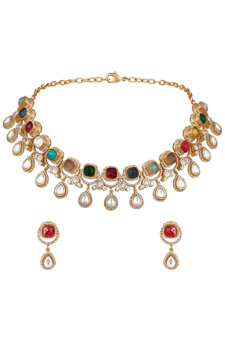 Shop HRISHA Multi Color Zari Navratna Onyx Choker Set at Aza Fashions Shop_HRISHA_Multi Color Zari Navratna Onyx Choker Set _at_Aza_Fashions