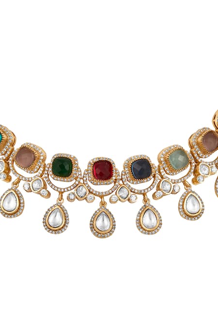 Buy HRISHA Multi Color Zari Navratna Onyx Choker Set Online at Aza Fashions Buy_HRISHA_Multi Color Zari Navratna Onyx Choker Set _Online_at_Aza_Fashions