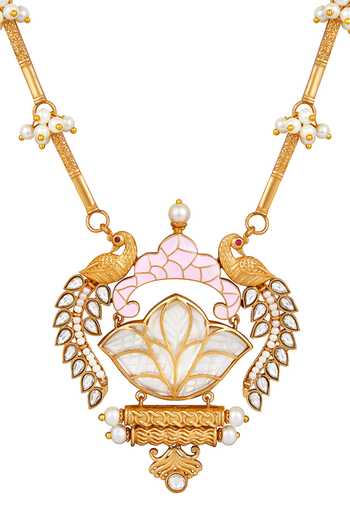 Buy_HRISHA_Pink Pearls, Crystals Moissanite Kundan Polki Necklace Set_Online_at_Aza_Fashions