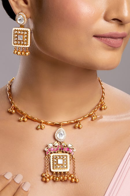 Hrisha Jewels Mughal Bahar Moissanite Kundan Polki Hasli Necklace Set 