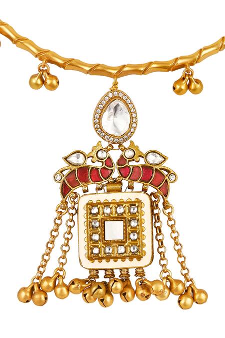 Buy_HRISHA_Gold Plated Metallic Thread, Mughal Bahar Moissanite Kundan Polki Necklace Set_Online_at_Aza_Fashions