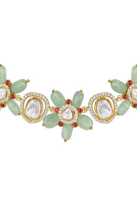 Buy_HRISHA_Green Zari Floret Zirconia Choker Set_Online_at_Aza_Fashions