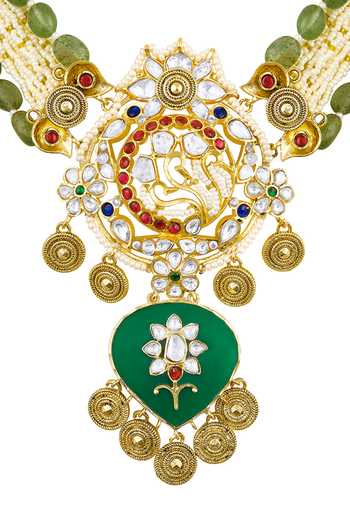 Buy_HRISHA_Green Pearls, Smocking Gullista Emerald And Sapphire Necklace Set_Online_at_Aza_Fashions
