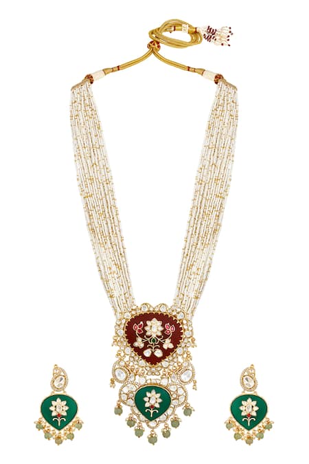 Shop HRISHA Maroon Pearls, Diamonds Padma Bloom Long Necklace Set at Aza Fashions Shop_HRISHA_Maroon Pearls, Diamonds Padma Bloom Long Necklace Set_at_Aza_Fashions