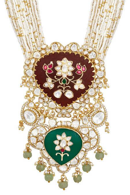 Buy HRISHA Maroon Pearls, Diamonds Padma Bloom Long Necklace Set Online at Aza Fashions Buy_HRISHA_Maroon Pearls, Diamonds Padma Bloom Long Necklace Set_Online_at_Aza_Fashions