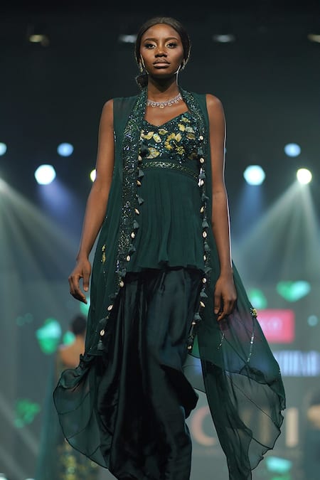 Archana Kochhar_Green Georgette, Silk Sequins, The Forest Embellished Jacket And Dhoti Pant Set_Online_at_Aza_Fashions