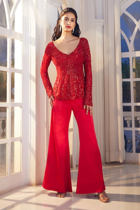 Buy_Aariyana Couture_Red Satin, Tulle Cut Work Plunge Neck Hand Embroidered Jacket Sharara Set 