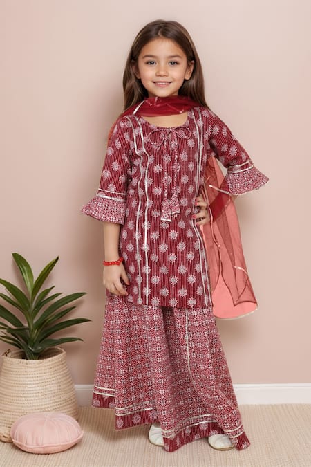 Petite Pomme Maroon Floral Print Kurta Sharara Set 