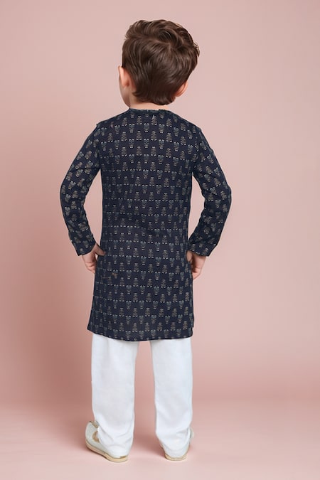Shop_Petite Pomme_Blue Cotton Floral Motif Print Kurta Set _at_Aza_Fashions