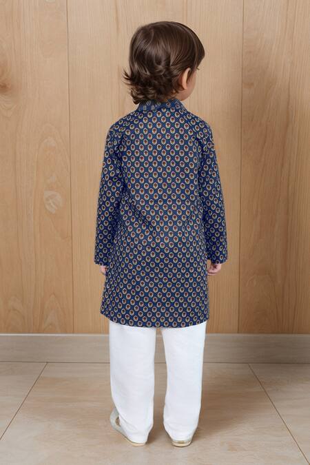 Shop_Petite Pomme_Blue Cotton Embroidery Floral Printed Kurta And Pyjama Set _at_Aza_Fashions