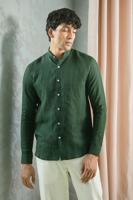 Arihant Rai Sinha Green 100% Pure European Linen Mandarin Collar Pattern Shirt 