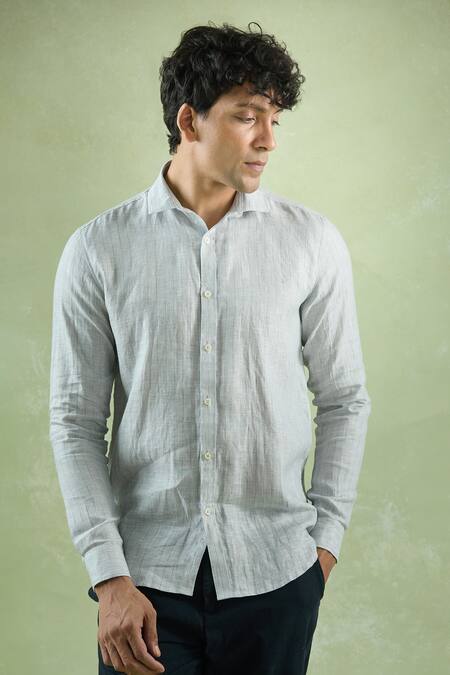 Buy_Aryavir Malhotra_Gray Linen Geometric Stripe Shirt 