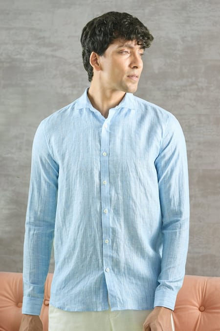 Arihant Rai Sinha Blue 100% Pure European Linen Geometric Stripe Pattern Shirt 