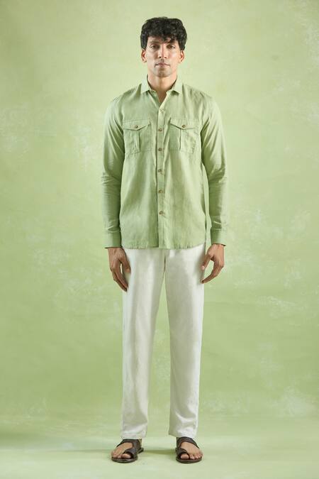 Aryavir Malhotra_Green Linen Full Sleeve Buttoned Shirt _Online_at_Aza_Fashions