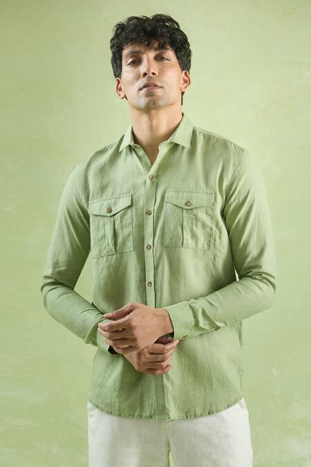 Buy_Aryavir Malhotra_Green Linen Full Sleeve Buttoned Shirt _Online_at_Aza_Fashions