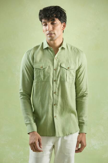 Shop_Aryavir Malhotra_Green Linen Full Sleeve Buttoned Shirt _Online_at_Aza_Fashions